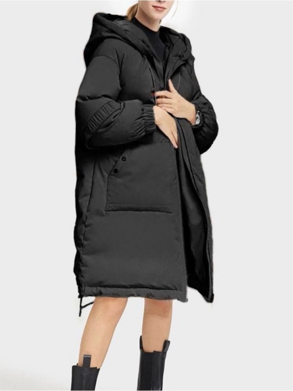 Nap sz M Long Black Down Puffer Coat with Hood zip front great condition